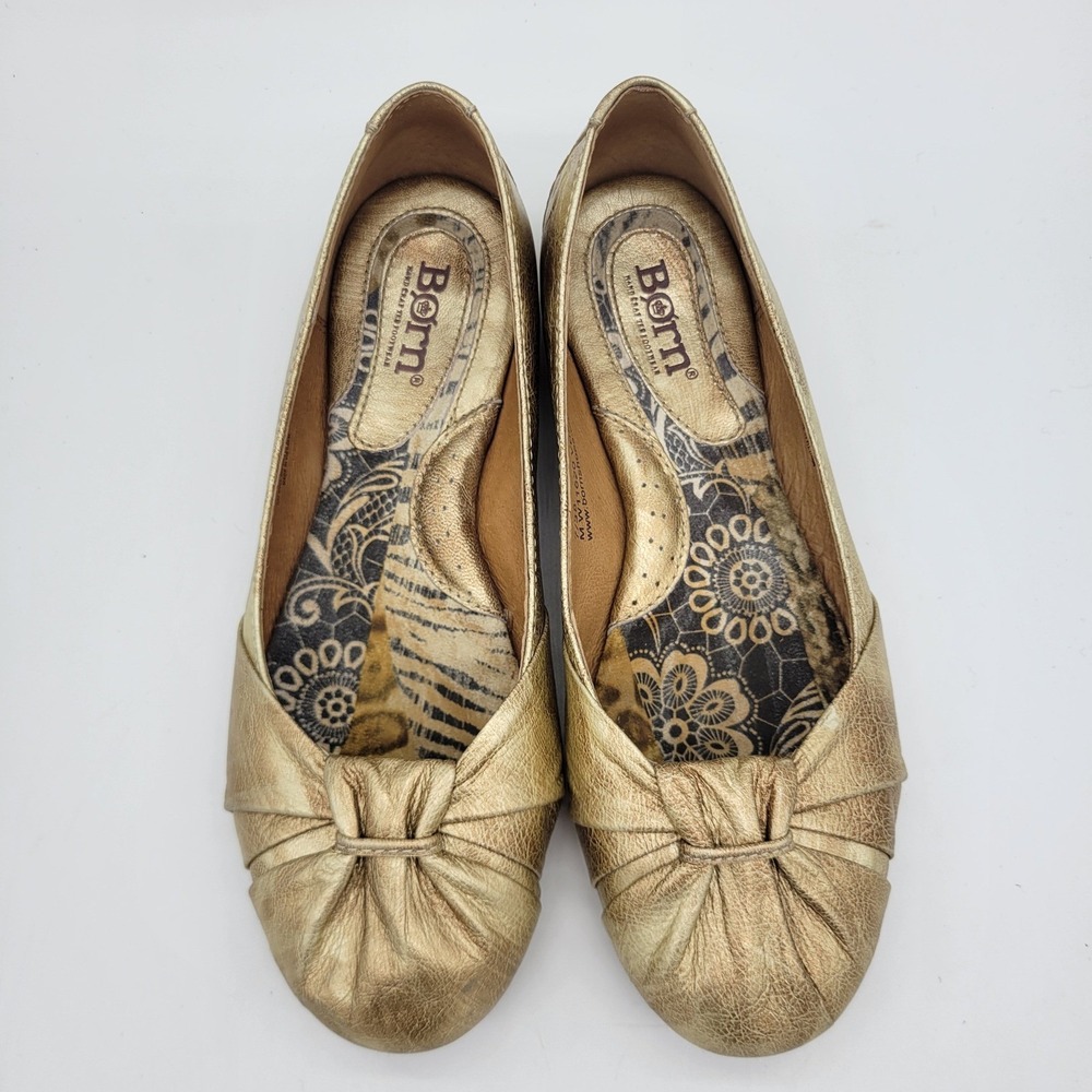 Born Womens Metallic Gold Leather Ballet Flats Knotted Bow Slip On W11620 Size 7